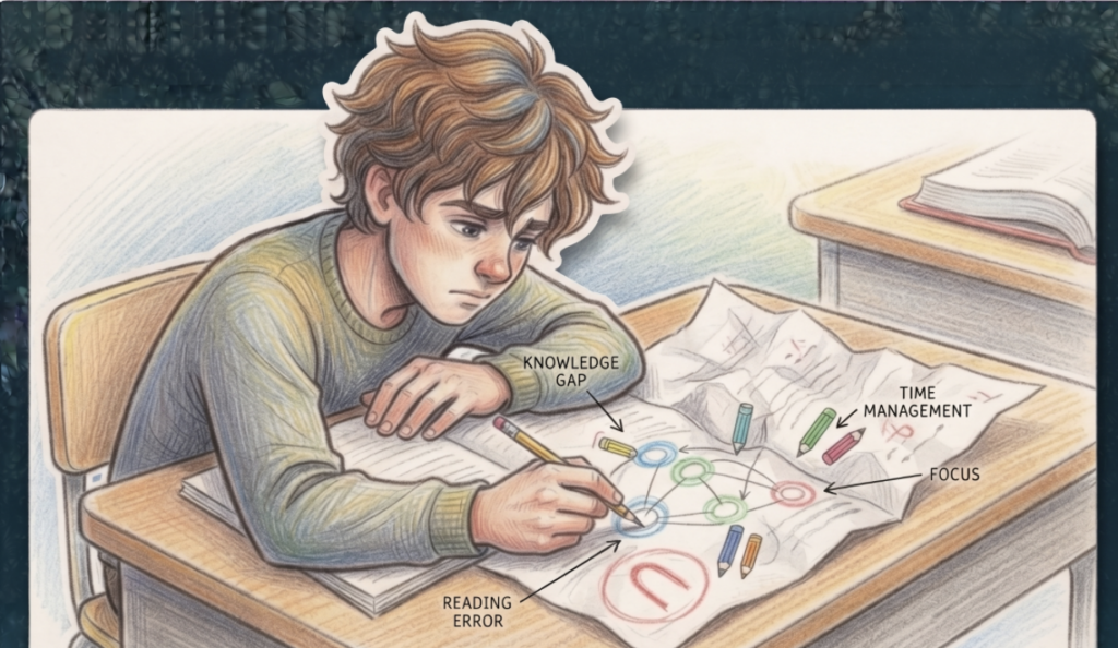 Illustration of a teenage boy leaning over a school desk, frowning as he looks at a test paper marked with a red 'U' grade. He is mapping out the causes of his mistakes on the paper using a diagram of connected circles, labelled with arrows pointing to 'Knowledge Gap', 'Time Management', 'Focus', and 'Reading Error'.