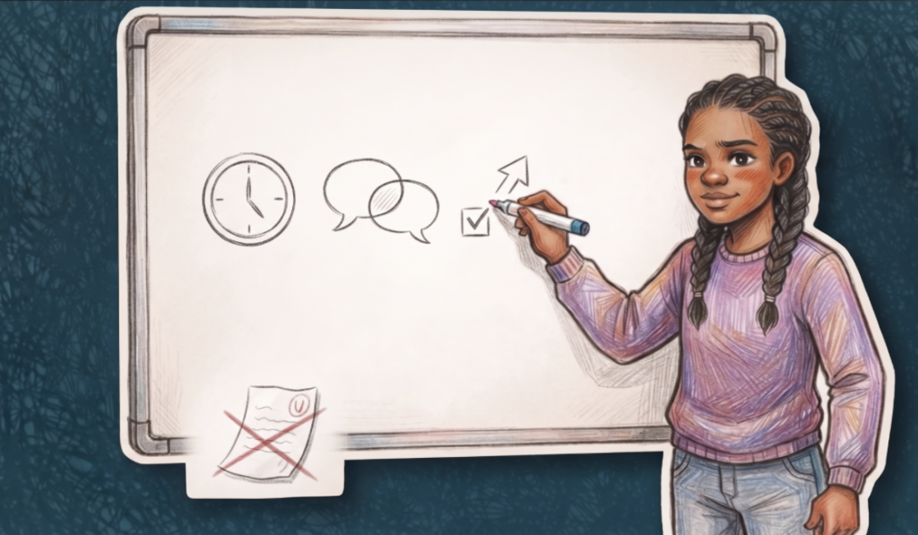 Illustration of a teenage girl with braided hair drawing on a whiteboard with a marker, smiling confidently. She has sketched a clock, two overlapping speech bubbles, a checkbox with a tick, and an upward arrow. In the corner, a crossed-out test paper marked with a red 'U' grade sits below the whiteboard, symbolising a plan moving past the bad grade.