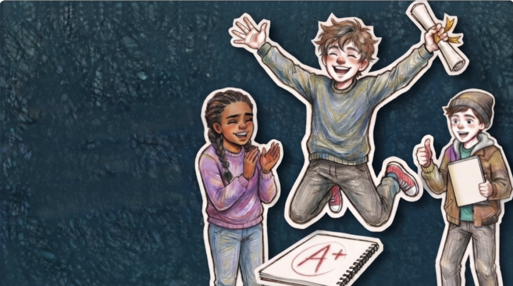 Illustration of a boy joyfully jumping in the air with arms raised, holding a rolled-up certificate tied with a ribbon. Below him is a notebook marked with a red 'A+'. To his left, a girl with braids claps and laughs, and to his right, a boy in a beanie gives a thumbs up while holding a notebook, celebrating the improved result.